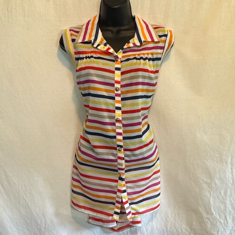E-192 Peaches & Cream Colorful Stripe Hi Lo Sleeveless Blouse Size‎ M